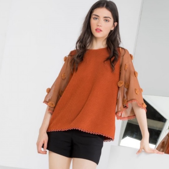 THML Tops - THML Bell Sleeve lace trim orange knit boho blouse